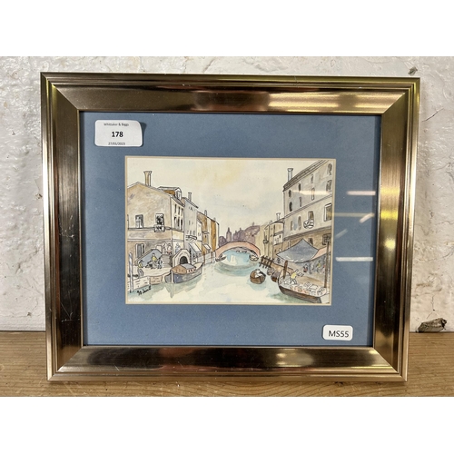 178 - A late 20th century framed watercolour of a continental canal scene, signed lower left - approx. 25.... 