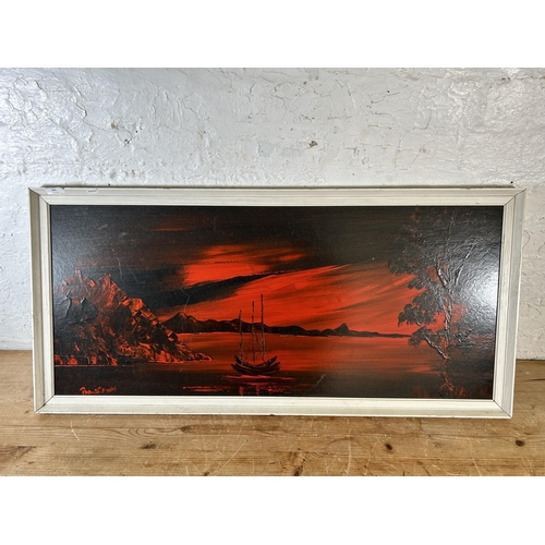 181 - A mid 20th century framed Oriental oil on board of a seascape, signed lower left - approx. 46cm high... 