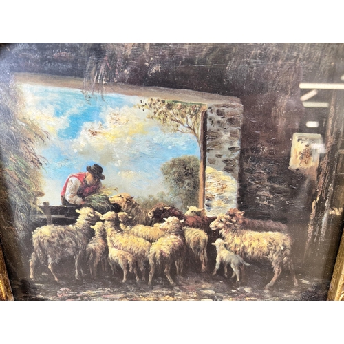 184 - A gilt framed textured print of a farming scene - approx. 40cm high x 40cm wide