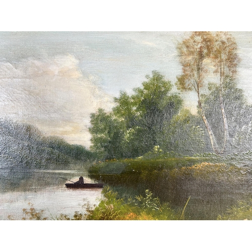 186 - An early 20th century gilt framed oil on canvas of a fishing scene signed lower left - approx. 42cm ... 