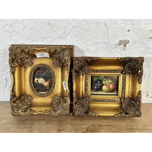 187 - Two 20th century gilt framed still life oil paintings - largest approx. 19cm high x 22cm wide