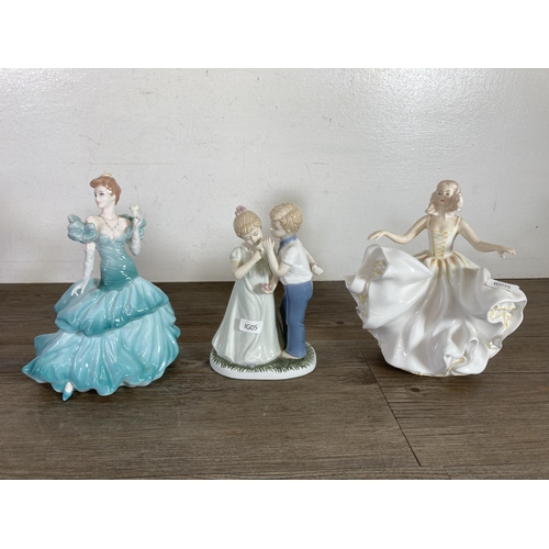 253 - Seven ceramic figurines to include W.H. Goss Peggy, Royal Doulton Sweet Seventeen - HN 2734, Coalpor... 