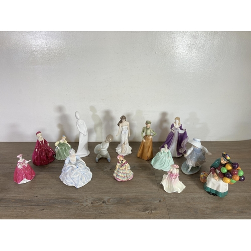 267 - Fourteen ceramic figurines to include Royal Doulton The Old Balloon Seller, Nao by Lladro, Royal Wor... 