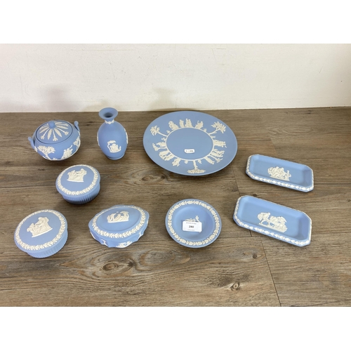 280 - Nine pieces of Wedgwood pale blue Jasperware