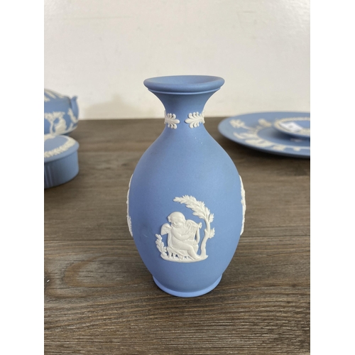 280 - Nine pieces of Wedgwood pale blue Jasperware