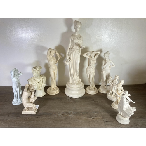 282 - Ten classical style ceramic and alabaster figurines and busts to include Pastimes, Pegasus etc.