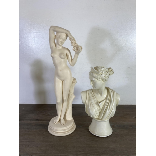 282 - Ten classical style ceramic and alabaster figurines and busts to include Pastimes, Pegasus etc.