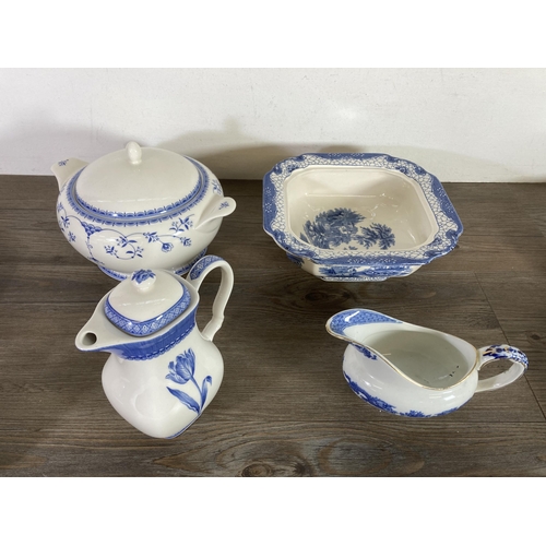 283 - Sixteen pieces of blue and white ceramics to include Royal Cauldon Dragon Series, gravy boat, Church... 