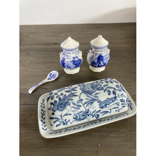 283 - Sixteen pieces of blue and white ceramics to include Royal Cauldon Dragon Series, gravy boat, Church... 