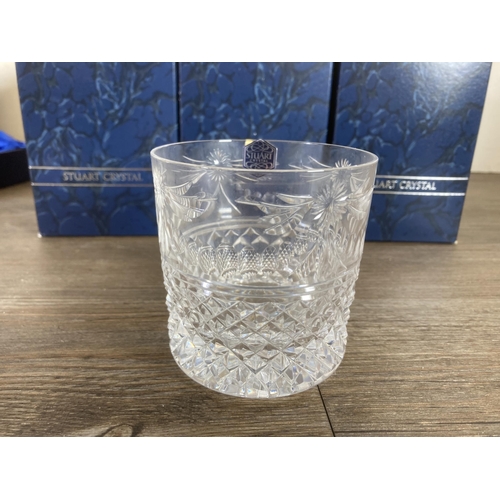 288 - Seven pieces of boxed glassware, six Stuart Crystal whisky tumblers and one Living art whisky tumble... 