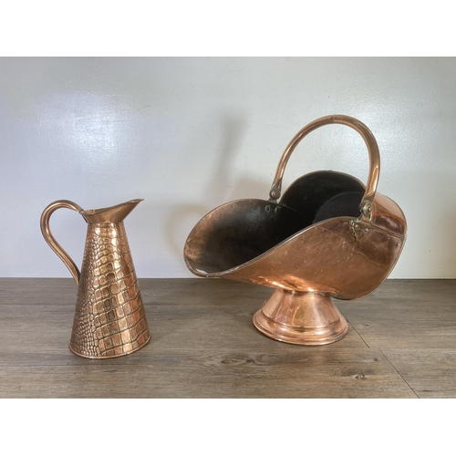 304 - Three pieces of late 19th/early 20th century metalware, one Joseph Sankey & Sons copper jug with all... 