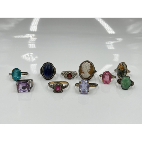 1146 - Ten stamped silver and hallmarked sterling silver rings to include cameo, 9ct and silver red and cle... 