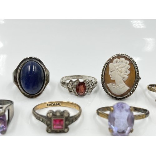 1146 - Ten stamped silver and hallmarked sterling silver rings to include cameo, 9ct and silver red and cle... 