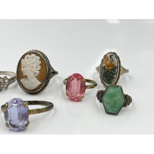 1146 - Ten stamped silver and hallmarked sterling silver rings to include cameo, 9ct and silver red and cle... 