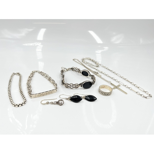 1154 - Seven pieces of sterling silver jewellery to include black onyx panel bracelet etc. - approx. gross ... 