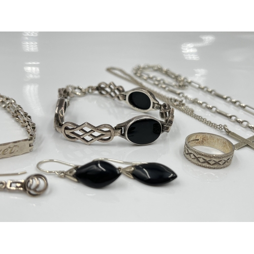 1154 - Seven pieces of sterling silver jewellery to include black onyx panel bracelet etc. - approx. gross ... 