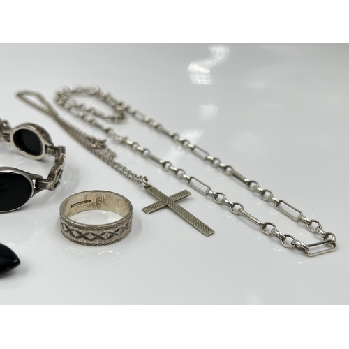 1154 - Seven pieces of sterling silver jewellery to include black onyx panel bracelet etc. - approx. gross ... 