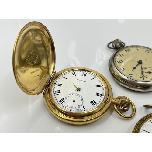 1206 - Five pocket watches to include Medana full hunter, Buren movement etc.