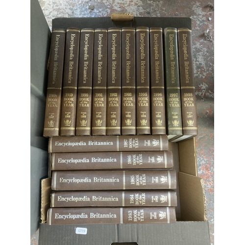 789 - Four boxes containing books to include volumes 1-19 Encyclopaedia Britannica, Science and Future yea... 