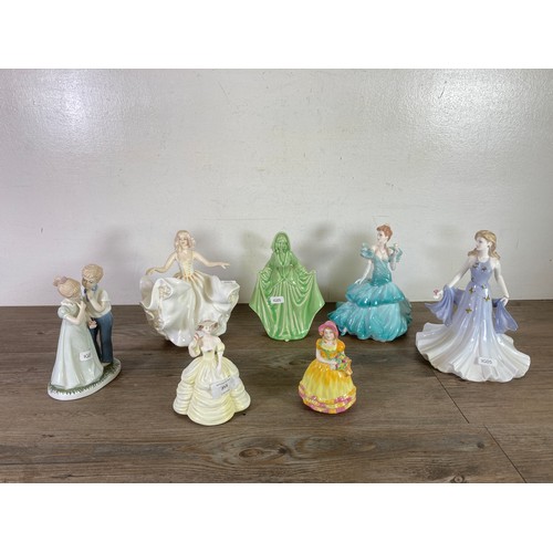 253 - Seven ceramic figurines to include W.H. Goss Peggy, Royal Doulton Sweet Seventeen - HN 2734, Coalpor... 