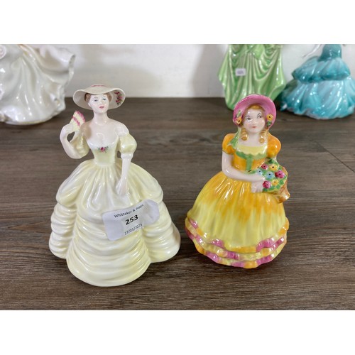 253 - Seven ceramic figurines to include W.H. Goss Peggy, Royal Doulton Sweet Seventeen - HN 2734, Coalpor... 