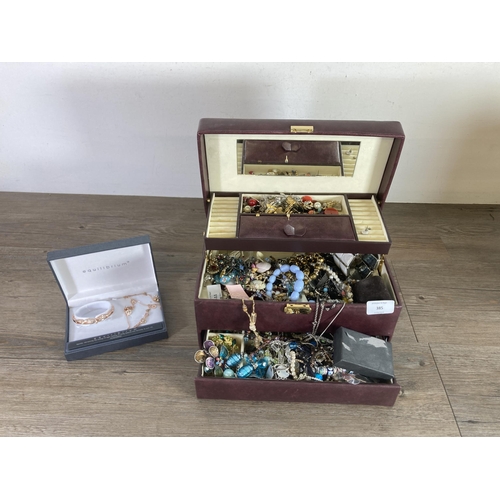 385 - A jewellery box containing costume jewellery to include boxed Equilibrium rose gold plated bracelet,... 