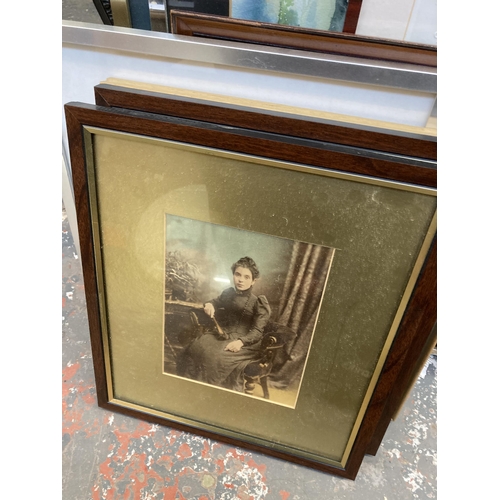 773 - A collection of framed pictures and mirrors to include late 19th/early 20th century portrait photogr... 