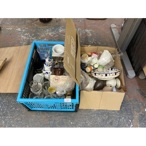 774 - Two boxes containing assorted items to include Milton Brook pestle and mortar, Woods Burslem England... 