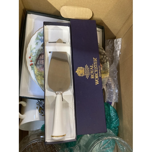 775 - Two boxes containing ceramics and glassware to include boxed Royal Worcester Capri cake plate, boxed... 