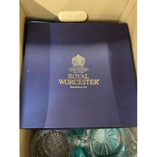 775 - Two boxes containing ceramics and glassware to include boxed Royal Worcester Capri cake plate, boxed... 