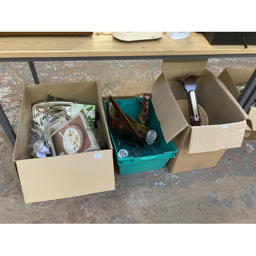 780 - Three boxes containing glass decanters, mahogany barometer etc.