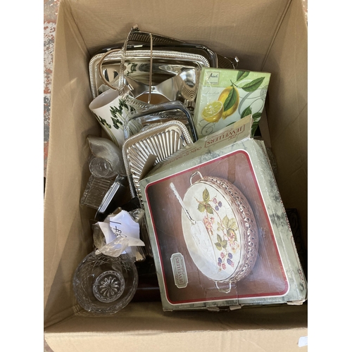 780 - Three boxes containing glass decanters, mahogany barometer etc.