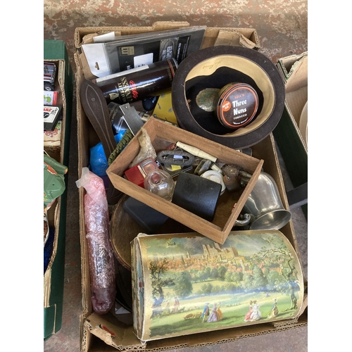 782 - Four boxes containing ceramics, horse brasses, Lorus quartz men's wristwatch, coins etc.