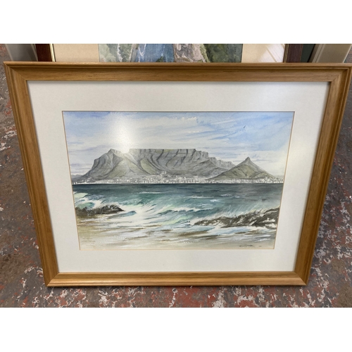 783 - Seven pictures to include Patricia Carson seascape watercolour dated 1994, Patricia Carson waterfall... 