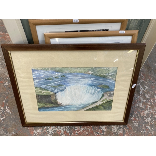 783 - Seven pictures to include Patricia Carson seascape watercolour dated 1994, Patricia Carson waterfall... 