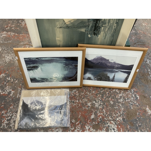 783 - Seven pictures to include Patricia Carson seascape watercolour dated 1994, Patricia Carson waterfall... 