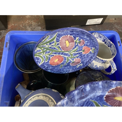 784 - Four boxes containing ceramics and glassware to include hand made Savvas Cyprus pedestal bowl, Wedgw... 