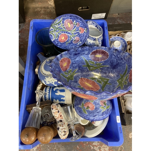 784 - Four boxes containing ceramics and glassware to include hand made Savvas Cyprus pedestal bowl, Wedgw... 