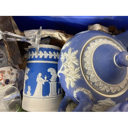 784 - Four boxes containing ceramics and glassware to include hand made Savvas Cyprus pedestal bowl, Wedgw... 