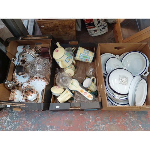 763D - Three boxes containing a collection of assorted items to include 1930s cut crystal glass lemonade ju... 