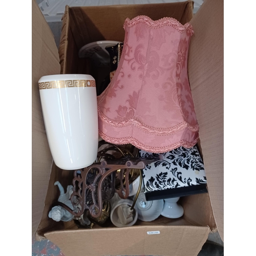 763E - Four boxes containing a collection of assorted items to include Johnson Brother hardwood vase, Jerus... 