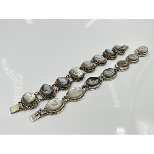 1082 - Two vintage silver and mother of pearl cameo bracelets, one .800 and one .900 - approx. gross weight... 