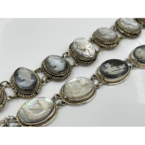 1082 - Two vintage silver and mother of pearl cameo bracelets, one .800 and one .900 - approx. gross weight... 