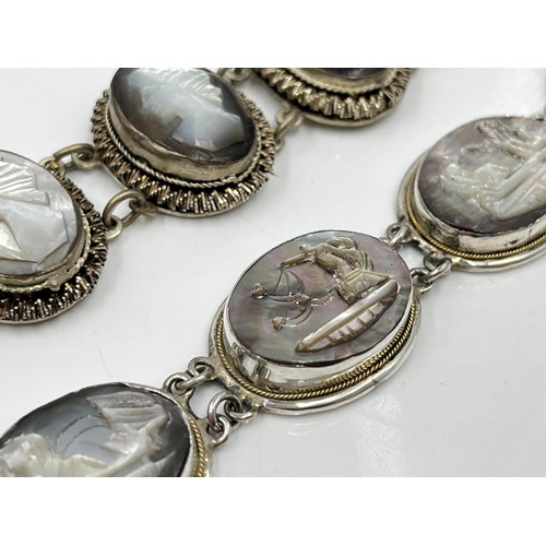 1082 - Two vintage silver and mother of pearl cameo bracelets, one .800 and one .900 - approx. gross weight... 