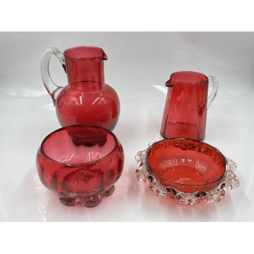 199 - Four pieces of Victorian cranberry glassware - largest approx. 15cm high