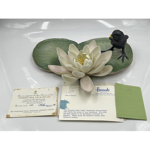 210 - A Royal Worcester Moorhen Chick and Water Lily limited edition 169/500 bone china model designed by ... 