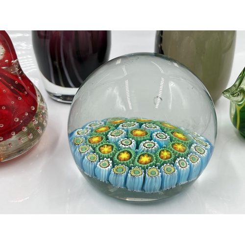 216 - Five pieces of studio glass to include Mount Royal paperweight, Millefiori paperweight, Caithness va... 