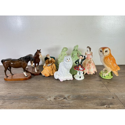 263 - Nine ceramic figurines to include two Beswick horses, Royal Doulton Romance, Royal Adderley Highland... 