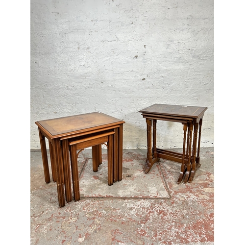 58 - Two nests of three tables, one burr walnut effect and one yew wood effect