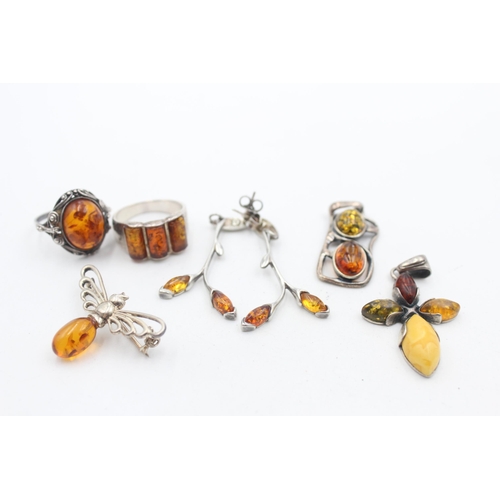 1155A - Six pieces of .925 silver amber set jewellery - approx. gross weight 26 grams